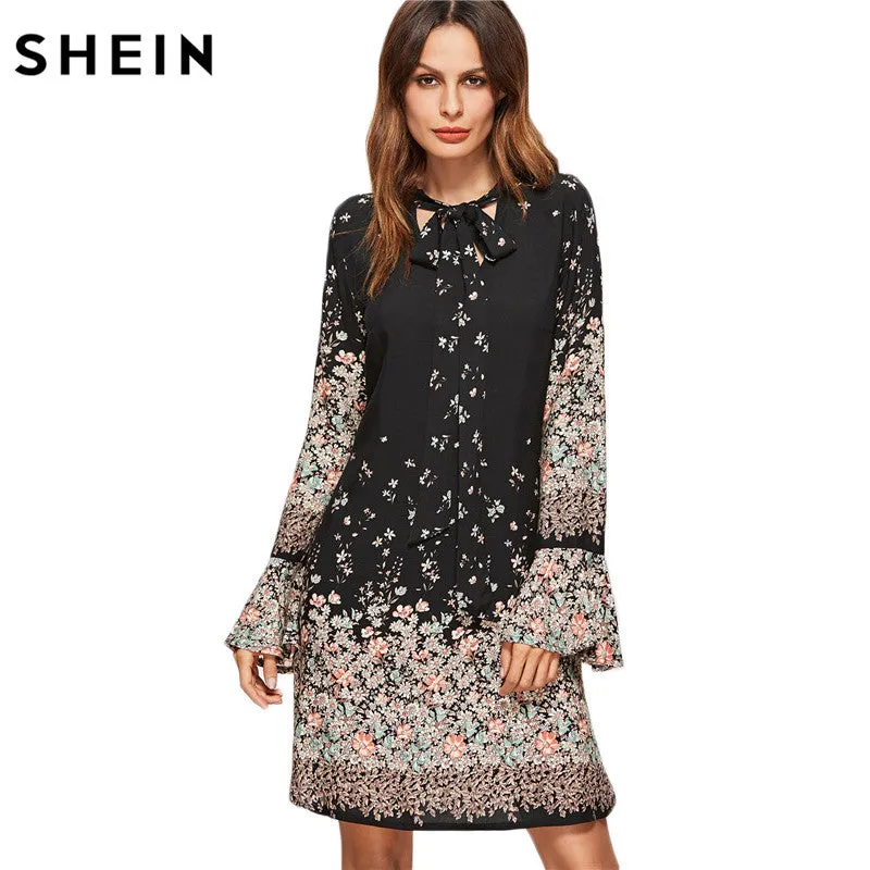 SHEIN Korean Women Clothing Floral Print Dresses Women Spring Black Tie Neck Long Flare Sleeve Casual A Line Dress