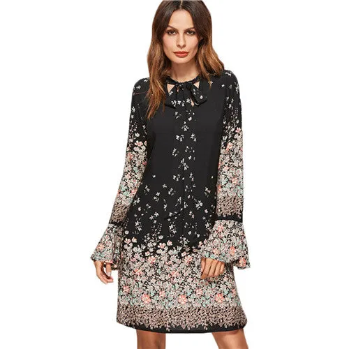 SHEIN Korean Women Clothing Floral Print Dresses Women Spring Black Tie Neck Long Flare Sleeve Casual A Line Dress