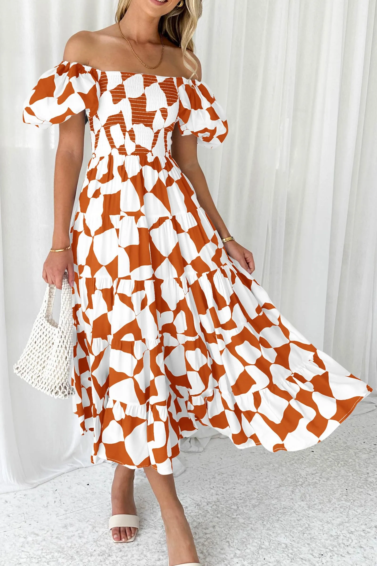 Summer Boho Midi Dress Off Shoulder Puff Sleeve Print Smocked Ruffle Beach Long Flowy Dresses