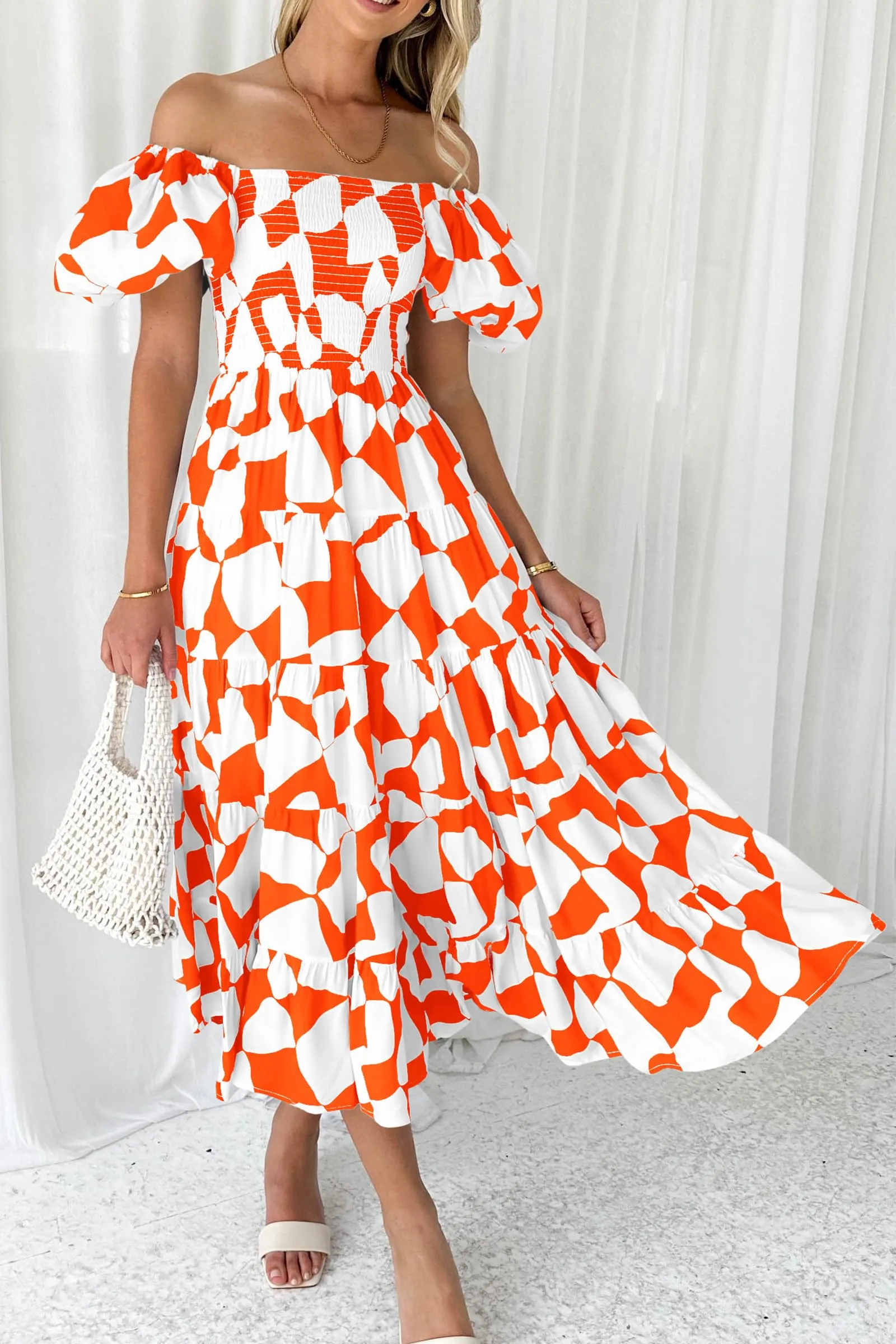 Summer Boho Midi Dress Off Shoulder Puff Sleeve Print Smocked Ruffle Beach Long Flowy Dresses