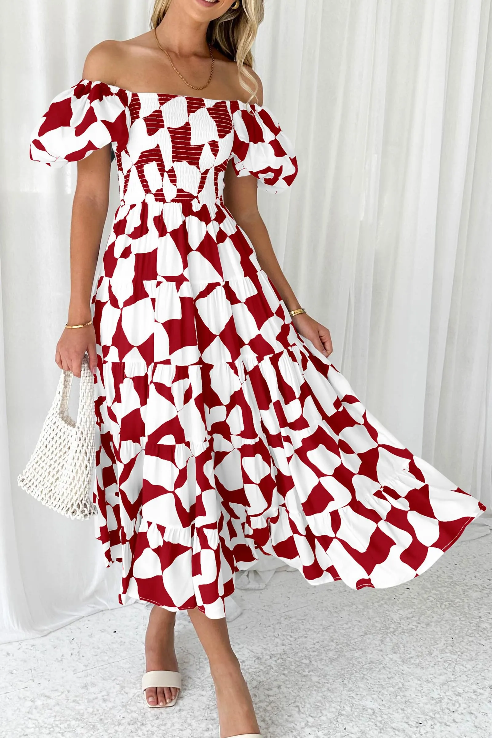 Summer Boho Midi Dress Off Shoulder Puff Sleeve Print Smocked Ruffle Beach Long Flowy Dresses