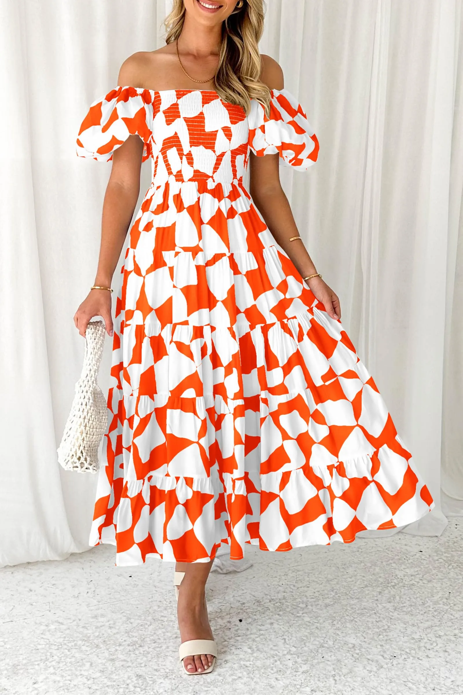 Summer Boho Midi Dress Off Shoulder Puff Sleeve Print Smocked Ruffle Beach Long Flowy Dresses