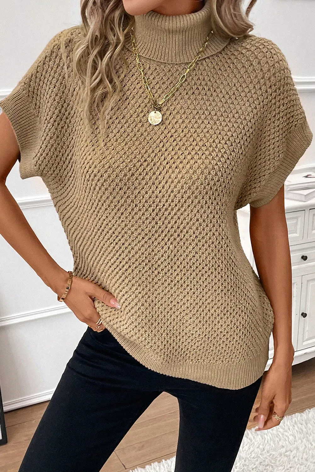 Turtleneck Textured Short Sleeve Sweater