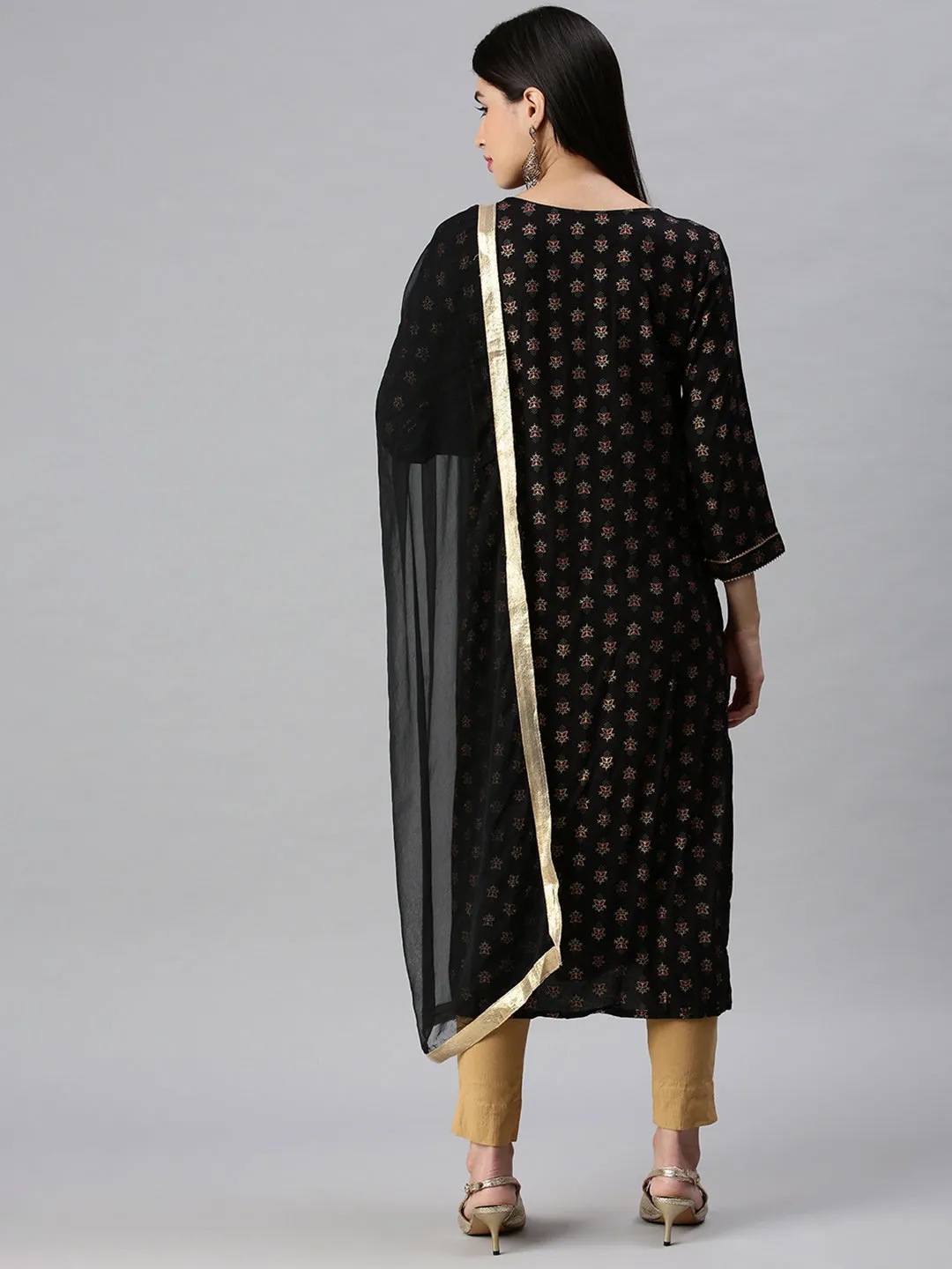 Women Straight Black Printed Kurta and Trousers