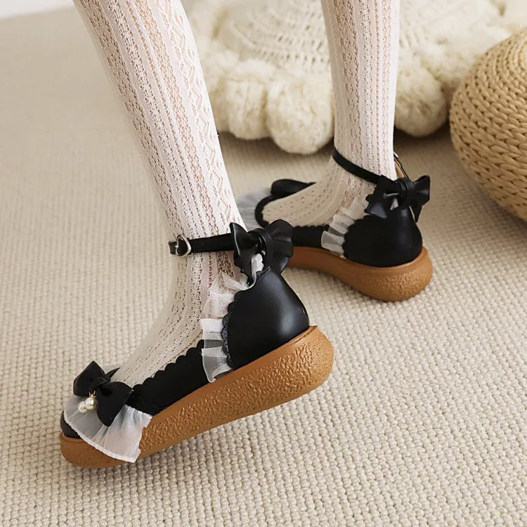 Women's Lolita Round Toe Lace Butterfly Knot Ankle Strap Flat Shoes