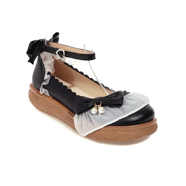 Women's Lolita Round Toe Lace Butterfly Knot Ankle Strap Flat Shoes