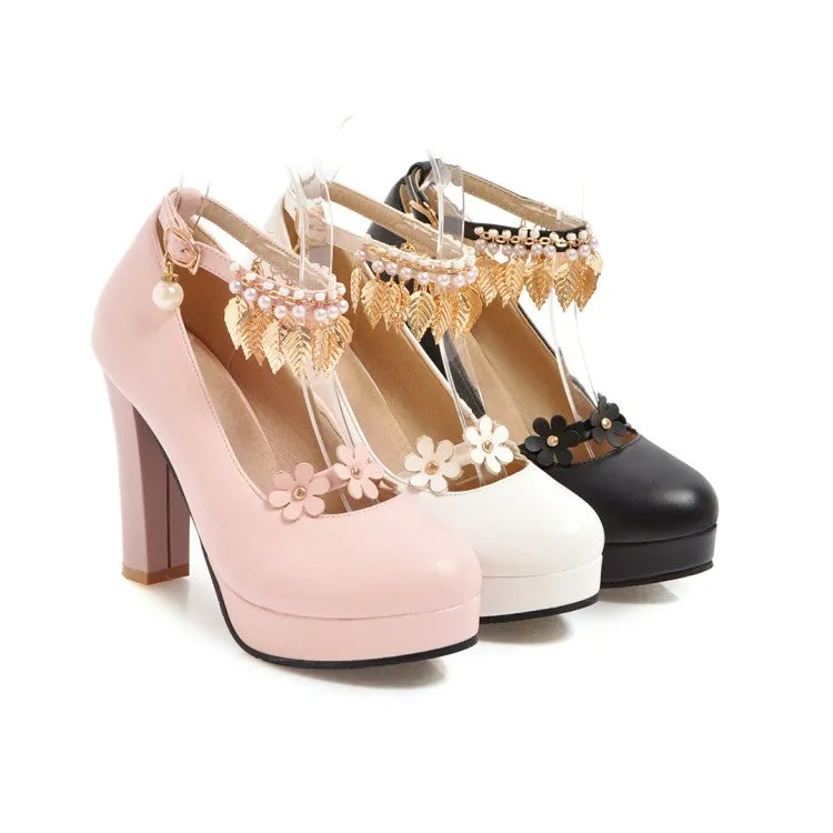 Women's Tassel Ankle Strap High Heel Chunky Heels Platform Pumps