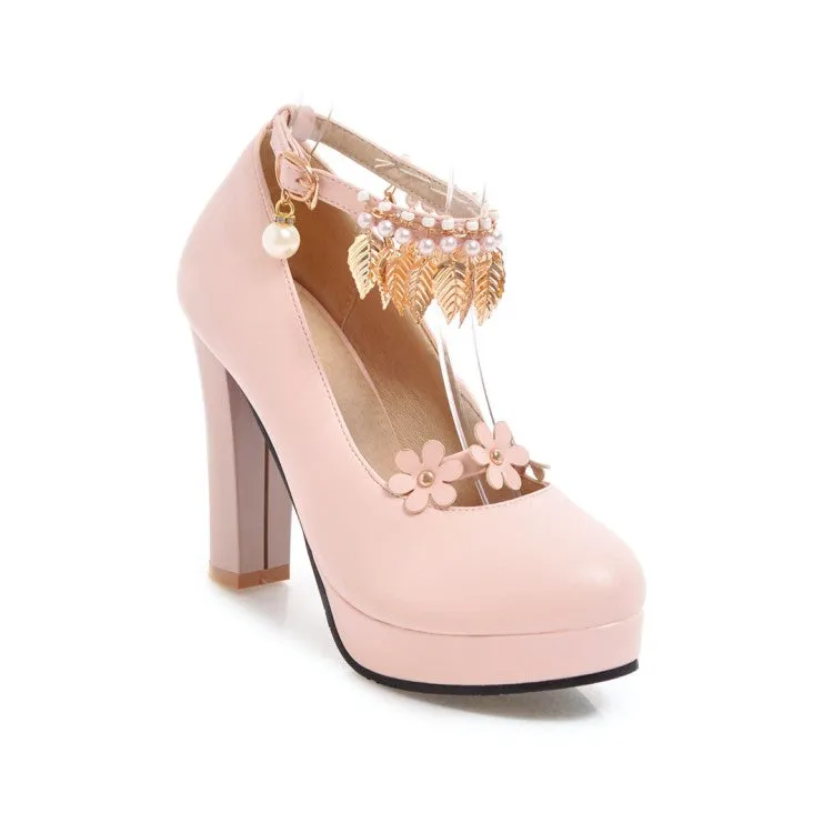 Women's Tassel Ankle Strap High Heel Chunky Heels Platform Pumps