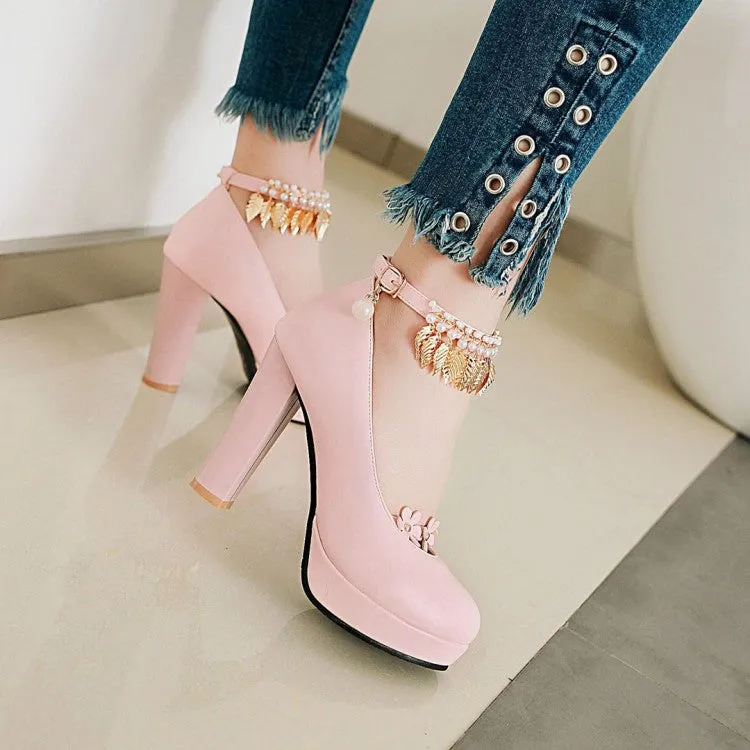 Women's Tassel Ankle Strap High Heel Chunky Heels Platform Pumps