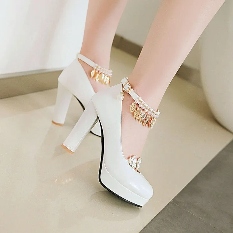 Women's Tassel Ankle Strap High Heel Chunky Heels Platform Pumps