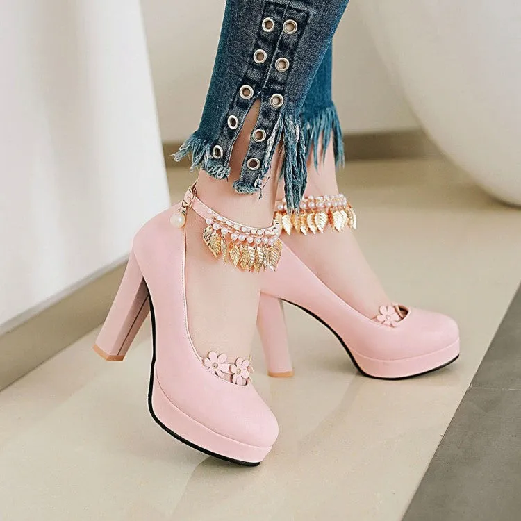 Women's Tassel Ankle Strap High Heel Chunky Heels Platform Pumps