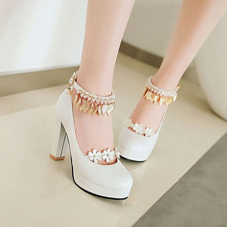 Women's Tassel Ankle Strap High Heel Chunky Heels Platform Pumps