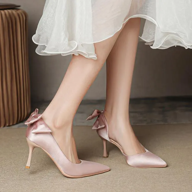 Women's Wedding Shoes Satin High Heel Point Toe Bowknot Prom Pump