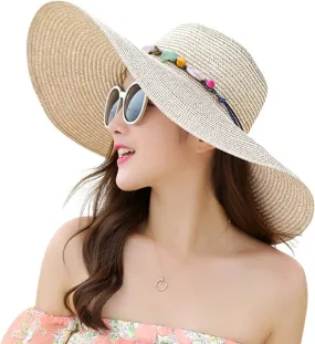 Womens Wide Brim Straw Hat Floppy Foldable Roll up Cap Beach Sun Hat UPF 50 