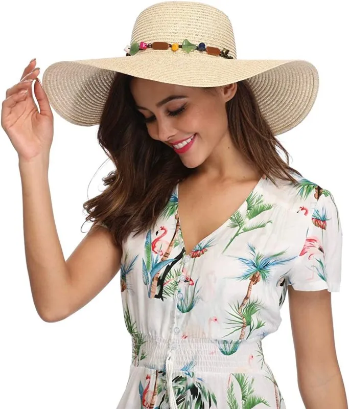 Womens Wide Brim Straw Hat Floppy Foldable Roll up Cap Beach Sun Hat UPF 50 