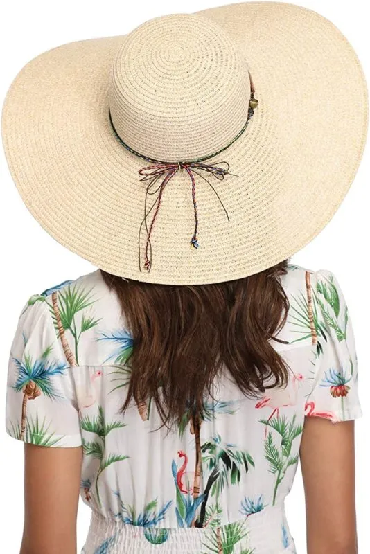 Womens Wide Brim Straw Hat Floppy Foldable Roll up Cap Beach Sun Hat UPF 50 